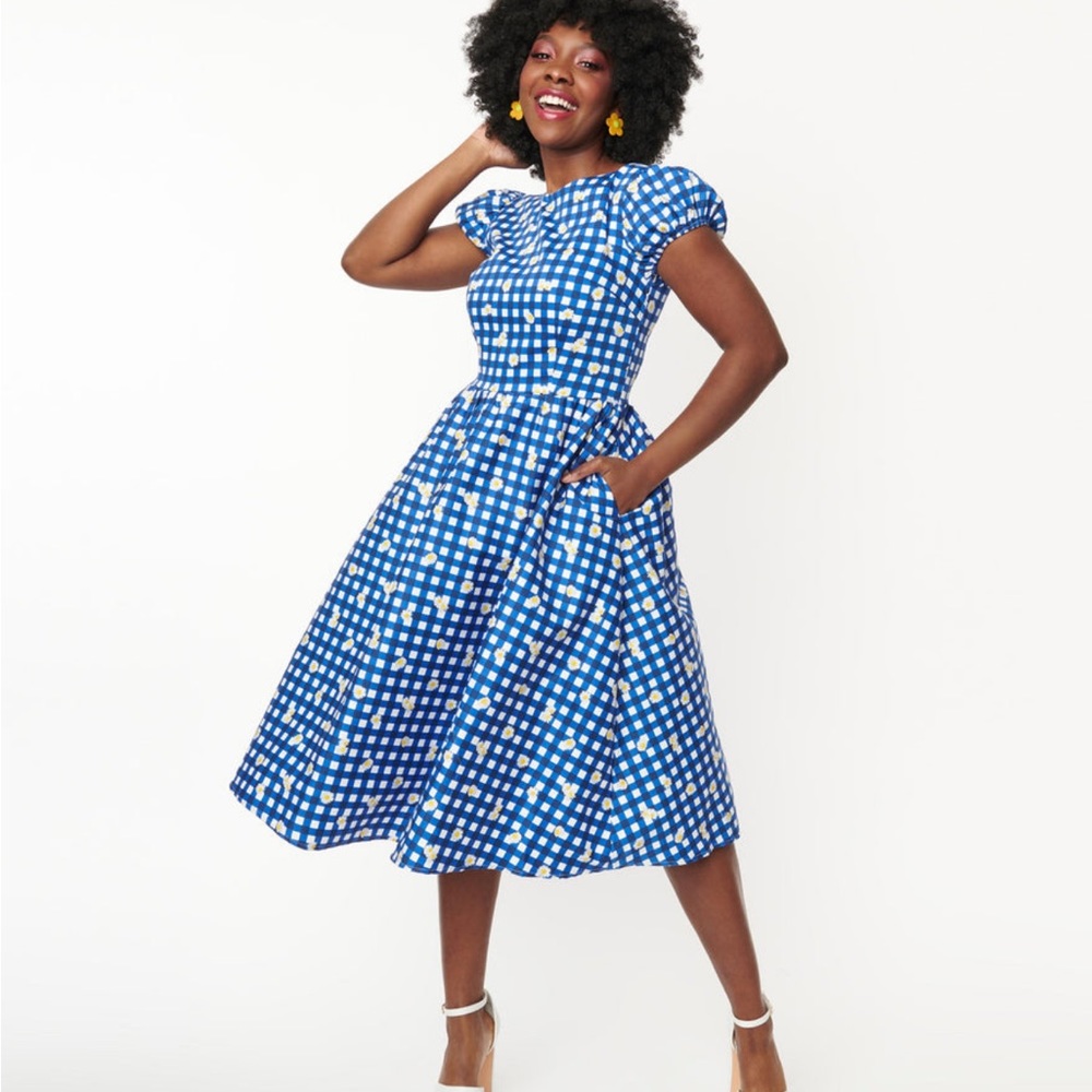 Collectif daisy blue gingham dress demira swing